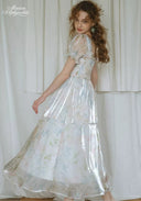 Floral satin midi dress with square neckline, puff sleeves, gathered waist, silver sheen