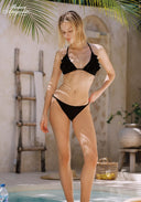 Bikini set with black ruffle triangle top and matching tie-side bottoms