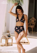Floral halter bikini with bow front and high-waist briefs, dark base with pink flowers