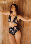 Floral high-waist bikini with halter straps, dark base with pink and light flowers