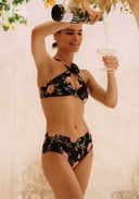 Floral halter bikini top with tie detail and high-waist briefs, dark base with pink flowers
