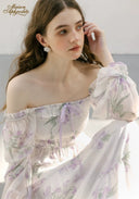 Floral square-neck midi dress with smocked bodice and ruffled sleeve cuffs