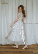 Floral satin midi dress with puff sleeves and square neckline, gathered waist, flowing skirt