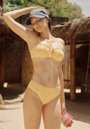Yellow patterned bikini set with ruched tie-front bandeau top and high-rise bottoms