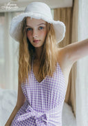 Lavender capri halter swimsuit in purple gingham, bow-tie waist, V-neck front