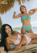 Pink and green floral bikini set with tie-front tops and matching briefs