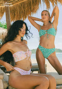 Floral bikini set in pink and green, with tie-front tops and matching briefs
