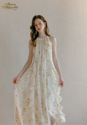 Floral sleeveless midi dress with ruffled neck detail and tiered gathered skirt, all-over small blooms