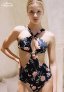 Floral one-piece swimsuit with cutout ring at the center of the bust
