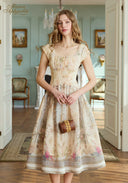 Cream floral printed midi dress, square neckline, puffed cap sleeves, gathered waist