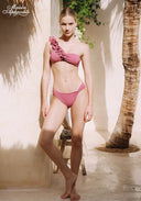 Pink asymmetrical bikini set with ruffled one-shoulder top and high-cut briefs