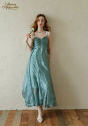 Teal satin midi dress with ruched bust and spaghetti straps, front pose