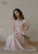 Pale pink dotted midi dress with lace front buttons and off-shoulder ruffle trim