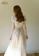 Antique embroidered garden dress back view, cream floral print, puff sleeves, gathered waist