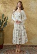 Floral cotton suspender dress with square neckline, fitted waist, and pleated tiers