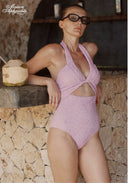 Lavender cut-out halter one-piece swimsuit, side view