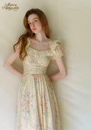 Antique embroidered garden dress, cream floral print, square lace neckline and fitted waist