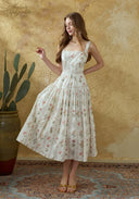 Floral cotton suspender midi dress with square neckline and gathered tiered skirt