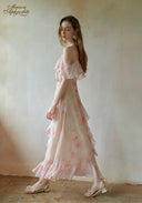 Light pink floral off-shoulder maxi dress with layered ruffle hem