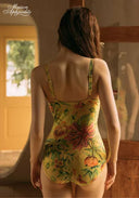 Yellow floral vintage one-piece swimsuit with open back and thin tie straps