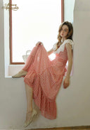 Wearing gingham plaid maxi dress with off-shoulder white lace top and layered skirt