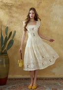 White lace embroidered waist-slimming dress with square neckline and cap sleeves, full skirt
