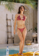 Pink ruffled triangle bikini set with matching high-cut bottoms