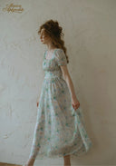 Light blue floral midi dress with puff sleeves, gathered waist, back and side view