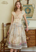 Cream floral printed dress with square neckline, cap sleeves, fitted waist, full skirt