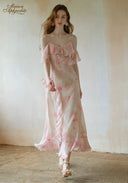 Light pink floral maxi dress with off-shoulder ruffle sleeves and fitted bodice