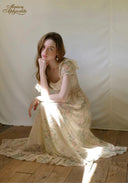 Antique embroidered garden dress, cream floral print, lace neckline, flowing gathered skirt