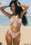 Pink vintage floral bandeau bikini set with bow tie-front and matching briefs