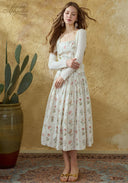 Floral cotton suspender midi dress with smocked bodice and gathered tiered skirt