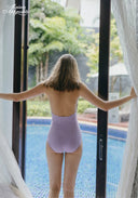 Lavender capri halter swimsuit, purple gingham back view with halter straps