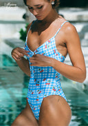 Light blue gingham one-piece swimsuit with red cherry print and adjustable tie