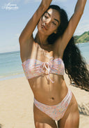 Pink floral bandeau bikini set with tie-front detail and matching high-rise briefs