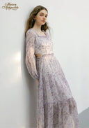 Lilac floral midi dress with square neckline, long sleeves and gathered waist