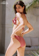 Pink triangle bikini set with ruffled shoulders and high-cut bottoms