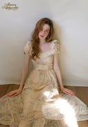 Antique embroidered garden dress, cream floral print, lace trim bodice, puff sleeves