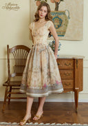 Floral printed cream dress, square neckline, short cap sleeves, gathered bodice, full skirt