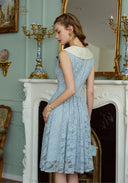 Light blue sleeveless lace patchwork dress from the back, V-neck trim at shoulders