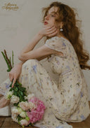 Floral tea dress with choker-style collar, short puff sleeves, and full midi skirt