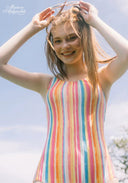 Rainbow-striped high-neck one-piece swimsuit, close-up front view