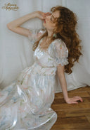 Floral satin midi dress with puff sleeves, square neckline, gathered waist, silver sheen