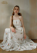 Secret Garden dress with spaghetti straps, white floral print, tiered maxi skirt