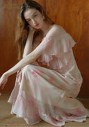 Light pink floral maxi dress with tiered ruffle off-shoulder top and layered skirt