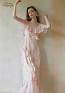 Light pink floral maxi dress with layered ruffle off-shoulder neckline