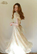 Antique embroidered garden dress, cream floral print, short puff sleeves, flared skirt