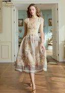 Cream floral printed dress, square neckline, cap sleeves, tiered hem border, full skirt