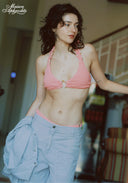 Pink striped triangle bikini top with tie-front, matching bikini bottoms